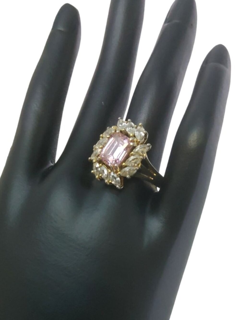vintage beautiful tnc 925  silver gold tone pink zirconia cocktail ring